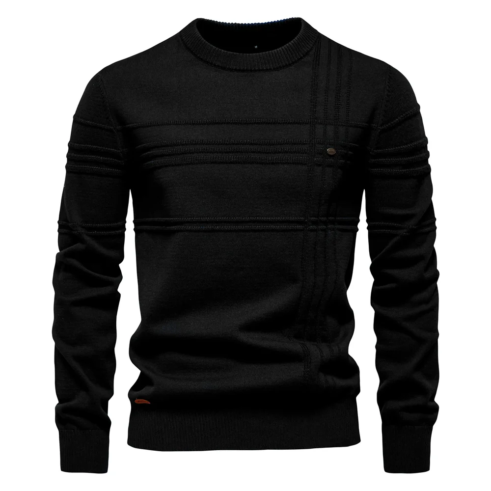 Mens Crewneck Pullover Sweater Knitted Cotton Stripped